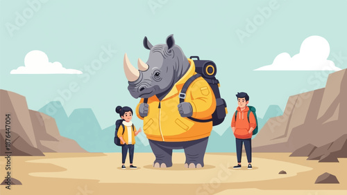 Cartoon characters, a rhinoceros and two children, embark on a mountain adventure with backpacks