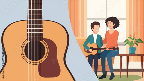 A young boy learns to play guitar from an older woman in a cozy living room