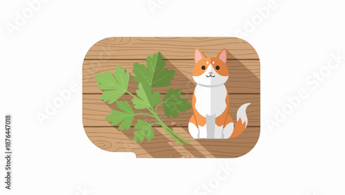 Cartoon cat and parsley sprigs on a wooden surface