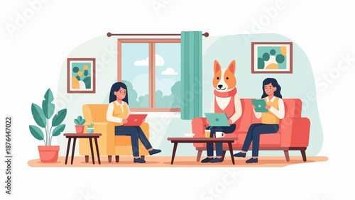 Anthropomorphic dog and two people use devices in a cozy, sunlit room