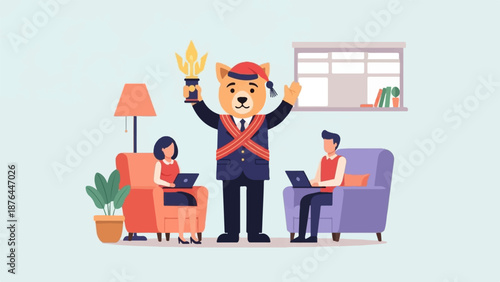 Anthropomorphic canine in formal attire celebrates with humans using laptops at home