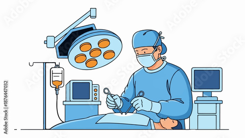 A surgeon performs a procedure under an operating light with medical equipment