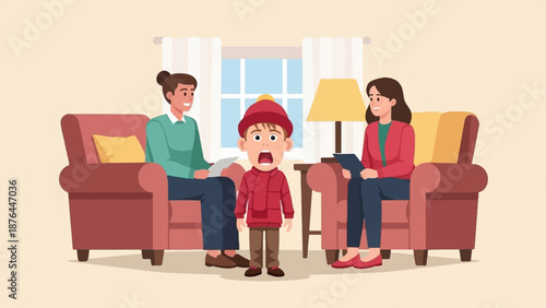 A surprised child stands between two adults sitting on couches in a living room