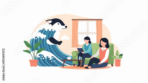 A surreal scene with a badger emerging from a wave, interacting with people indoors