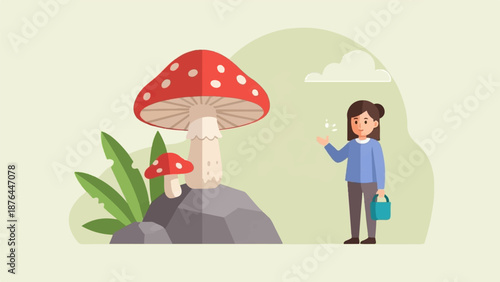 A young girl with a bucket admires a giant red mushroom and a smaller one with green leaves