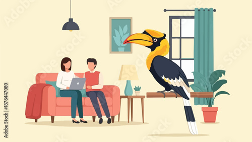 A surreal indoor scene with a large hornbill perched near a couple using a laptop on a couch