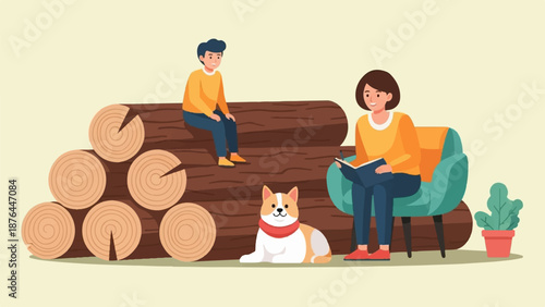 A young man and woman relax with their dog near a pile of logs and a potted plant