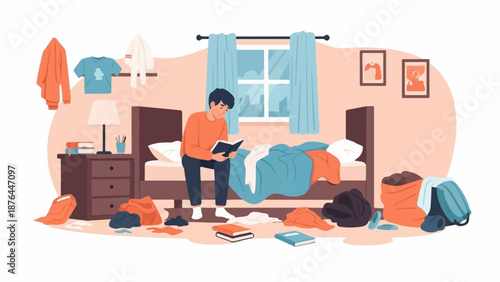 A young man sits on a messy bed in a cluttered room, reading a book