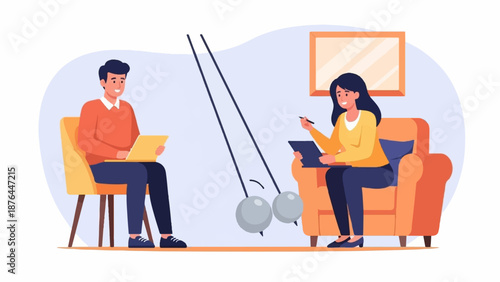 A therapist consults with a client using a pendulum and tablet in a cozy setting