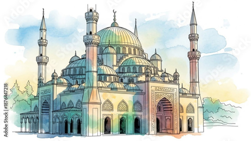 Watercolor illustration of a grand mosque with minarets capturing Islamic architecture and cultural heritage ideal for travel and religious themes
