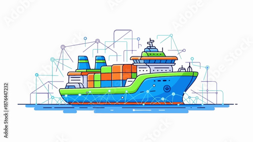 A stylized container ship at sea, connected by abstract network lines