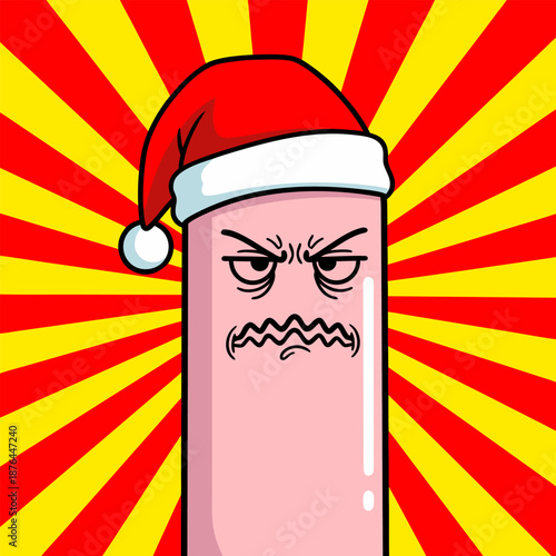 Grumpy Sausage Wearing A Santa Hat And Looking Angry On A Yellow And Red Sunburst Background