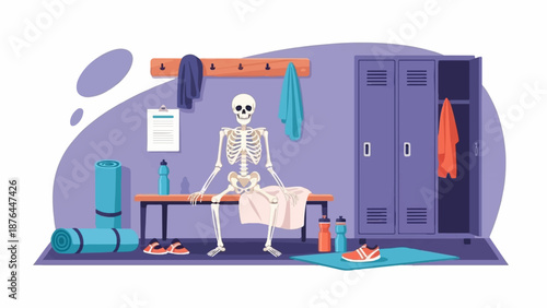A skeletal figure rests on a bench in a locker room with gym equipment and lockers