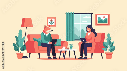 Anthropomorphic fox in business attire converses with a woman working on a laptop in a modern living room