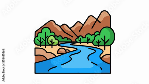 A stylized depiction of a flowing river through a mountainous terrain with trees