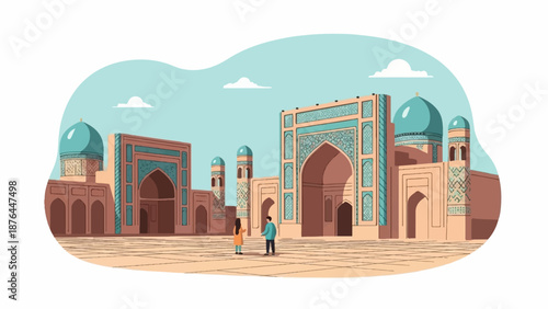 A tiled courtyard with domes and arches, two people stand admiring architecture