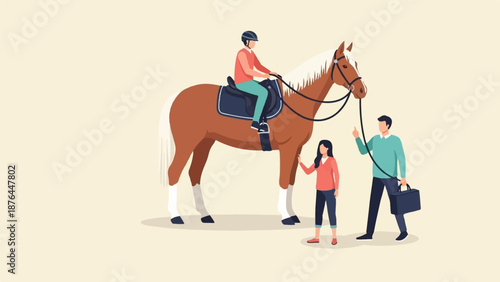 A person rides a horse while two others stand nearby, one holding a briefcase