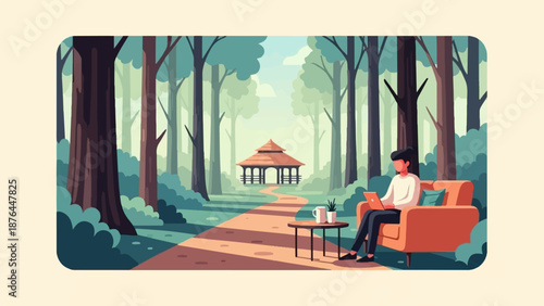 A person relaxes on an orange couch outdoors, working on a laptop in a serene forest setting