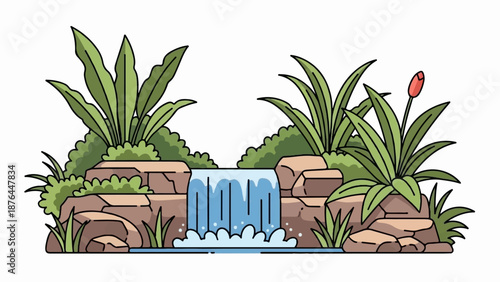 A stylized depiction of a waterfall cascading over rocks surrounded by lush green foliage and a red bud