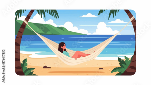 A person relaxes in a hammock on a sandy beach with palm trees and ocean views