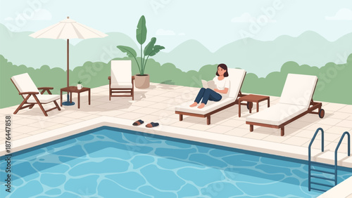 A person relaxes by a pool reading a book, surrounded by chairs and an umbrella