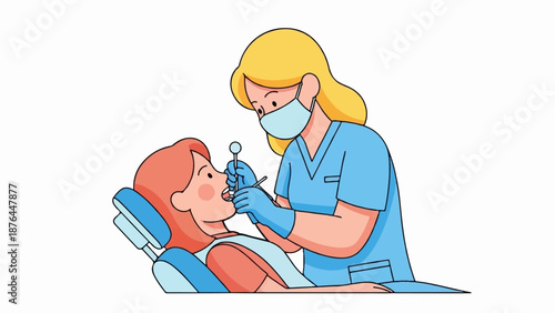 Cartoon dentist in blue scrubs and mask examines patient in dental chair