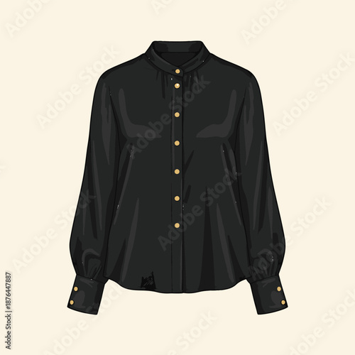 Black long sleeve button down shirt with gold buttons isolated on beige background