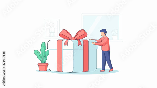 A person pushes a large gift box, with a plant and framed art