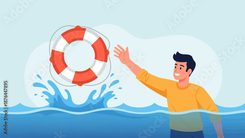 A person reaches for a life preserver in the water, depicting rescue