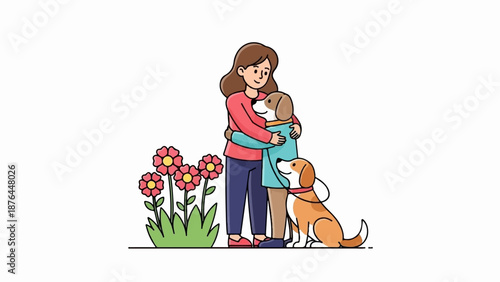 A person hugs one dog while another sits by a cluster of vibrant pink flowers in this charming illustration
