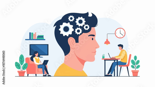 A person contemplates thoughts and tasks with gears in their head, while others work remotely
