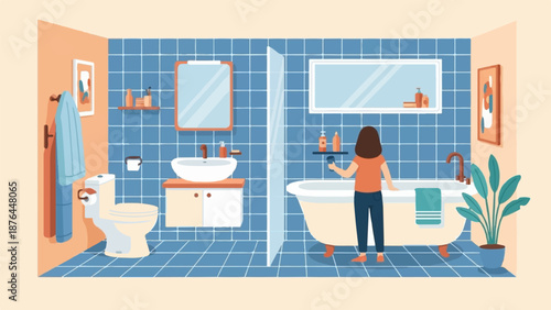 A person cleans a modern bathroom with blue tiled walls, a sink, bathtub, and toilet