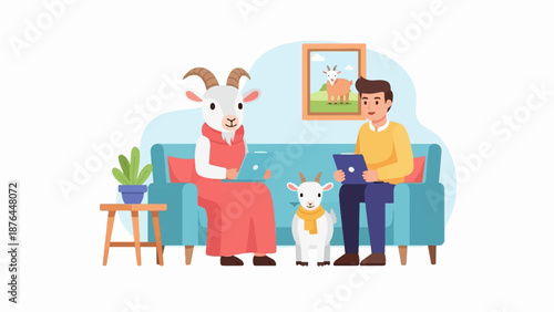 A person and two goats use laptops on a sofa