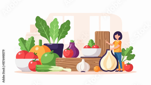 A person arranging fresh vegetables on a counter, with plants in pots and a wooden partition
