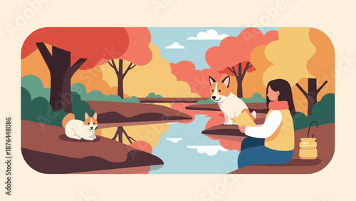 A person and two dogs enjoy autumn colors by a calm river reflecting the vibrant trees and sky