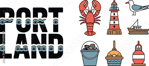 Coastal icons with portland sign and seafood