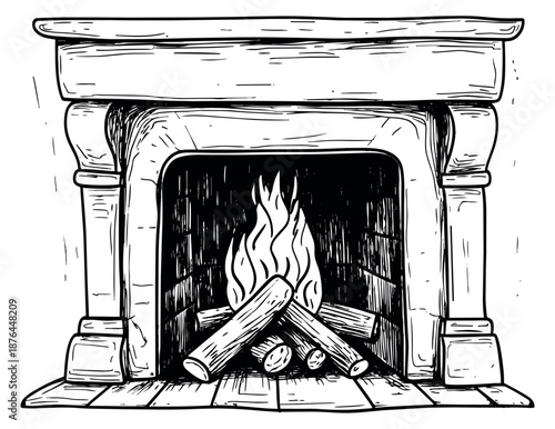 Hand drawn line art illustration of a fireplace depicting burning logs and flames for cozy home interiors