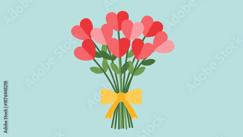 Sweet illustration of a romantic heart-shaped flower bouquet, tied with a bright yellow ribbon, symbolizing love and affection