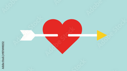 Vibrant red heart pierced by a white and yellow arrow, a striking illustration symbolizing love, passion, and romantic connection, perfect for emotional themes