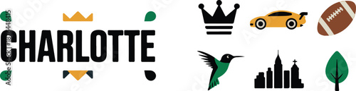 Charlotte city icons with crown car football and hummingbird