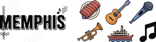 Memphis city music scene vector graphic with bbq guitar trumpet
