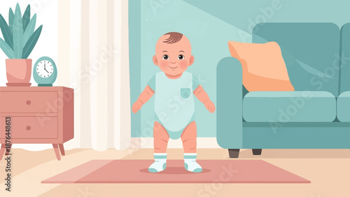 A smiling baby stands on a rug in a room with a sofa, nightstand, and plant