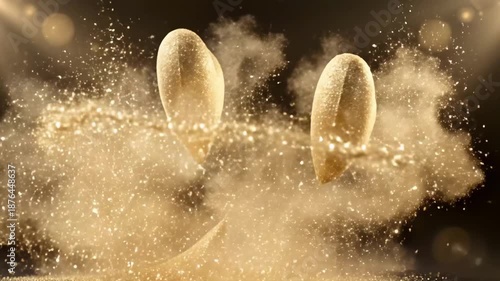 Two golden hearts form from swirling sand particles, set against a dark, softly lit background