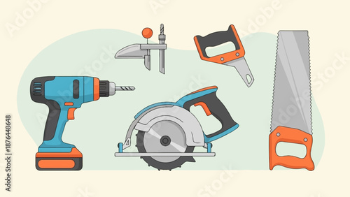 Assorted woodworking tools including a drill, saw, and clamp on a light background