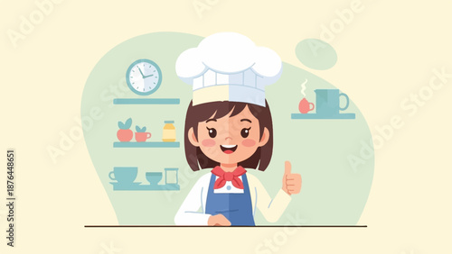 A smiling cartoon chef in uniform gives a thumbs-up in a stylized kitchen