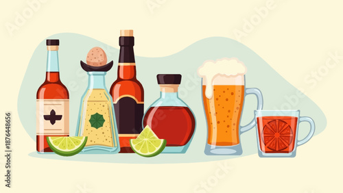 Assorted bottles and glasses filled with colorful beverages and fruit slices, presented on a light background