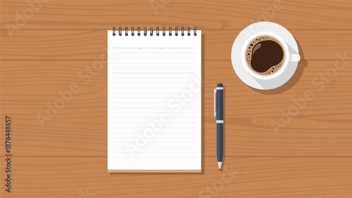 A top-down view of a notebook, pen, and coffee cup on a wooden desk