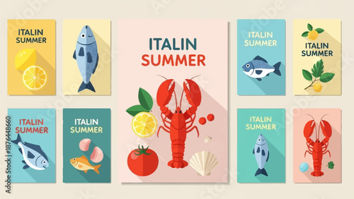 Assorted Italian summer-themed cards featuring seafood, fruits, and vegetables