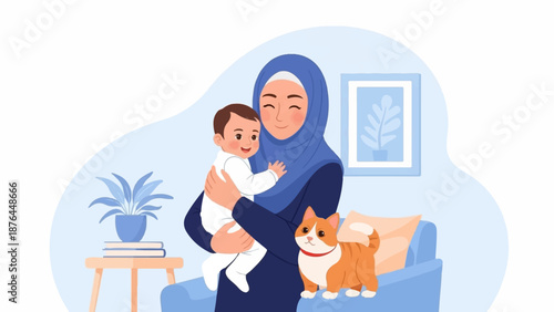 A smiling mother in a blue hijab gently holds a baby. A cat sits nearby