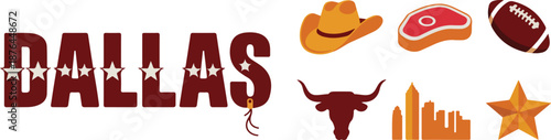 Dallas texas cityscape icon set with football and bbq steak